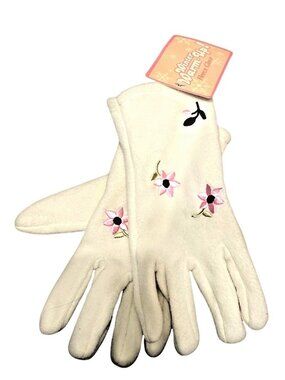 Womens Warm-up Gloves 1 Pair Brown Polyester Fleece Pink Flower Embroidery NWT
